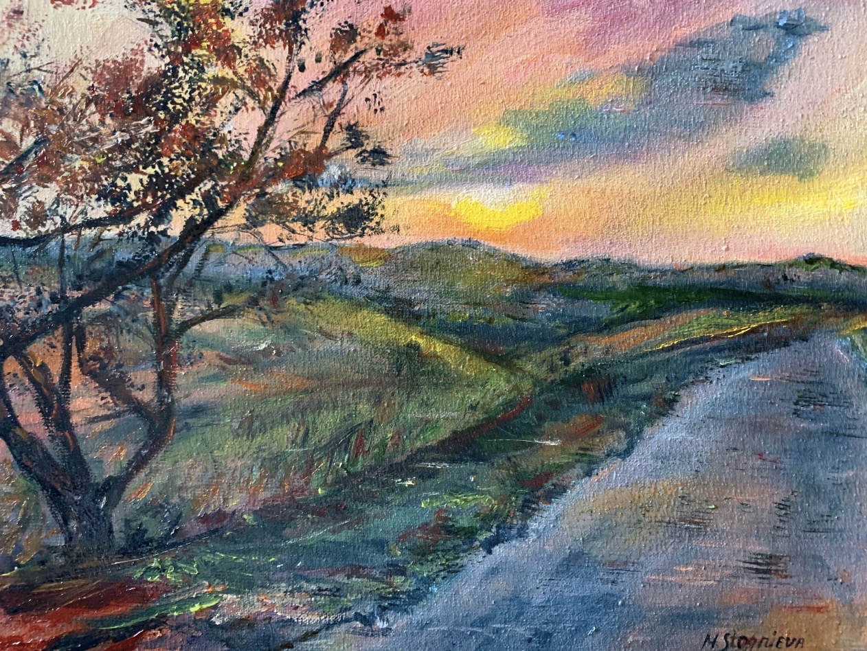 Sunset in Tuscany original painting by Marina Stognieva, Tuscan landscape with hills and evening sky